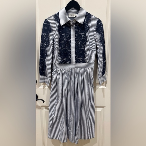 BNWT Eliza J Blue and White striped midi shirt dress lace size 6 $147 - Picture 2 of 7